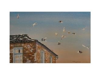 Bessie Papazafiriou; Freedom, 1999, Original Watercolor, 19 x 12 inches. Artwork description: 241 I was so excited by the sight of these birds taking flight from a rooftop in northern Greece that I just had to capture it.THIS PAINTING WAS STOLEN FROM MY STUDIO IN CANADA IN 2010.  PLEASE CONTACT ME IF YOU HAVE ANY INFORMATION.  ...