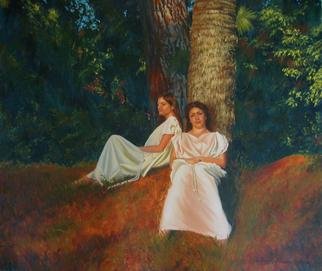 Bessie Papazafiriou; Wood Nymphs, 2006, Original Painting Oil, 28 x 24 inches. Artwork description: 241 The Greeks believed that various divinities protected nature.  These divinities were known as nymphs.  This painting depicts young women of the forest known as wood nymphs who protected trees.  It was believed that anyone who caught a glimpse of a nymph was blessed with good fortune and ...