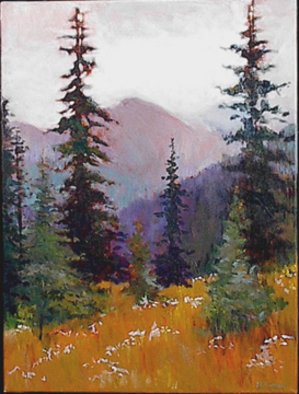 Beverly Furman; RainierForest,Rt, 2008, Original Painting Acrylic, 20 x 26 inches. Artwork description: 241  This painting works by itself or as a diptych with Rainier Forest, Right. They are the same size.Frame is 