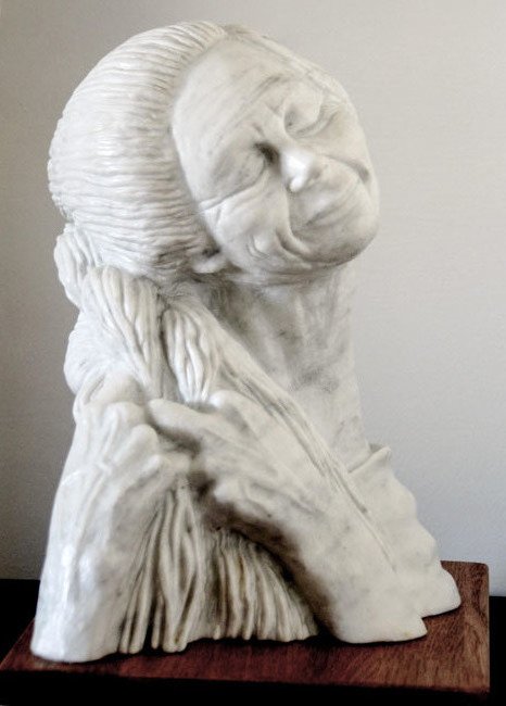 Tzipi Biran; A Woman Braids, 2017, Original Sculpture Marble, 25 x 39 inches. Artwork description: 241 Carrara stone.woman, braid, hair, face, figurative, old woman...