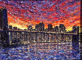 Brian Josselyn; Brooklyn Bridge, 2012, Original Painting Acrylic, 5 x 36 inches. Artwork description: 241  brooklyn bridge sunset, night city scene.city sunset, new york city painting ...