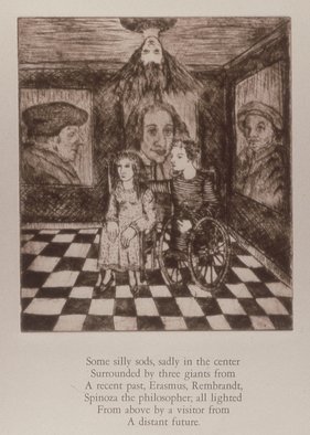 Bert Menco; The Visit, 1989, Original Printmaking Etching, 12 x 19 inches. Artwork description: 241  A visitor from beyond, a room walled with some famous people ...