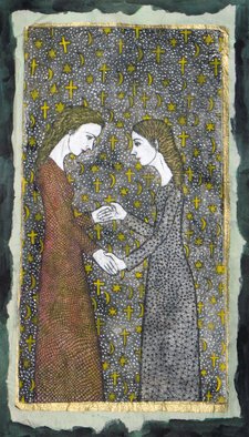 Bert Menco; The Visitation, 2014, Original Printmaking Etching, 7 x 13 inches. Artwork description: 241  A variation on the meeting between Maria and Elizabeth, merging all major Western religions. This copy of the etching/ aquatint ( copper plate) is hand- colored on four layers of paper, all different, and therefore one of a kind, hence A. P. ( the regular edition is 25, also ...