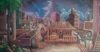 Tobi Bolaji; African City, 2016, Original Painting Oil, 16 x 24 inches. Artwork description: 241 Houses, stormy sky, hustlers. ...