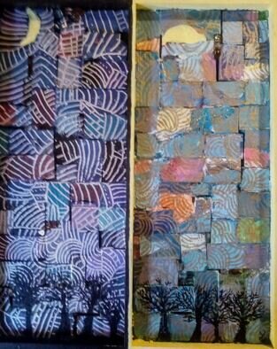 Bob Carl; Night And Day, 2024, Original Mosaic, 13 x 18 inches. Artwork description: 241 acrylic on reclaimed wood...