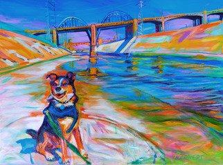 Bonnie Lambert; Scout The River Guard, 2014, Original Painting Oil, 24 x 18 inches. Artwork description: 241  Los Angeles, river, cityscape, city, industrial, power, lines, bridge, water, day, California, viaduct, downtown, gritty, blue, day, noon, sky, reflection, distance, bright, suburb, sky, street, quiet, dog, puppy, rescue, leash, wag, mutt, yellow, glow, alert ...