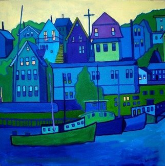 Debra Bretton Robinson; Gloucester Harbor, 2011, Original Painting Acrylic, 24 x 24 inches. Artwork description: 241   city, cityscape, buildings, red, street lamps, light, hill, cars, evening, dusk, trees  ...