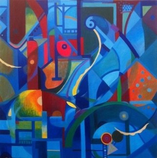 Brian Potter; Blue Night, 2012, Original Painting Acrylic, 32 x 32 inches. Artwork description: 241        Geometric Abstraction, cubism, blue painting      ...