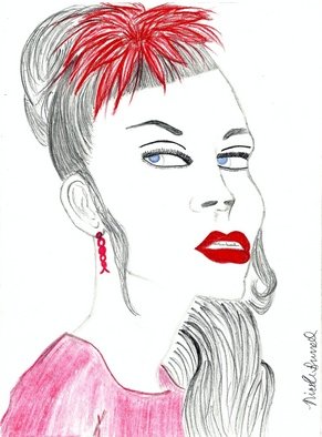 Nicole Burrell; Lady In Red, 2012, Original Drawing Pencil, 216 x 279 mm. Artwork description: 241  Lady in Red with a Red bow, red lips, blue eyes, red earrings looking serious for the camera while she gets ready for a photo shoot looking very fashionable.     ...