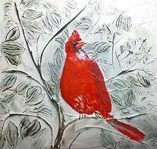 Catherine Anderson; Cardinal, 2017, Original Bas Relief, 24 x 24 inches. Artwork description: 241 large cardinal in tree...