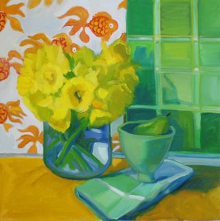 Carol Steinberg; Daffodils And Goldfish, 2010, Original Painting Oil, 18 x 18 inches. Artwork description: 241   flowers floral yellow still life daffodils goldfish  ...
