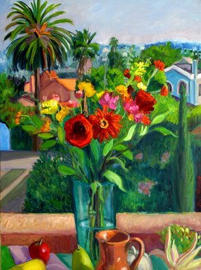 Carol Steinberg; Red Bouquet With Jug, 2005, Original Painting Oil, 30 x 40 inches. Artwork description: 241    flowers floral porch   ...