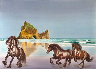 Carolyn Judge; Freedom, 2021, Original Watercolor, 104 x 76 cm. Artwork description: 241 These Friesian horses in the foreground are painted with great detail and skill.  They contrast perfectly with the wet sand refection on Wharariki Beach behind them.  This is a big impressive watercolour painting.  This painting is framed without glass.  The watercolour has a UV protective coating applied ...