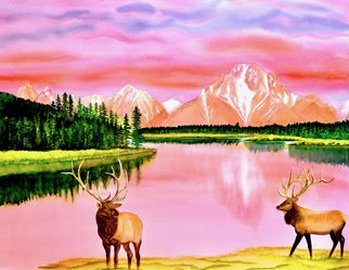 Carolyn Judge; Grand Tetons Wyoming, 2020, Original Watercolor, 70 x 56 cm. Artwork description: 241 Two male bull elks meet with a challenge at Oxbox Bend in the Grand Tetons, Wyoming.  The mountains in the background at reflected in the lake.  A beautiful sunset shot inspired by our recent trip there. ...