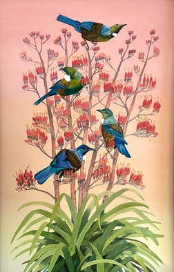 Carolyn Judge; Summer Tui, 2021, Original Watercolor, 50 x 82 cm. Artwork description: 241 Four colourful TuiaEURtms, a beautiful native New Zealand bird perched to drink nectar from the native flax bush.  The background has a rich evening sunset richness which compliments with the colours in the birds.  This painting is framed without glass.  The watercolour has a UV protective ...