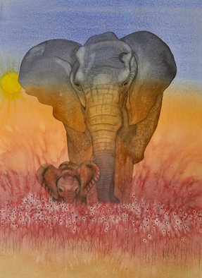 Carolyn Judge; The Long Walk, 2021, Original Watercolor, 56 x 70 cm. Artwork description: 241 This is the 3rd adaptation IaEURtmve painted of this delightful elephant and calf.  I love how small and vulnerable the calf is compared to itaEURtms enormous mother.  In this version I have created a flower effect in the foreground which the elephants are walking through.  ...