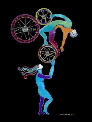 Catarina Hosler; Balancing The Relationship, 2011, Original Printmaking Giclee, 18 x 24 inches. Artwork description: 241     Romatic figurative dance, dancingCubism colorful couples love  Bicycles bicycle art wheels  ...