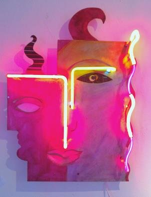 Catarina Hosler; Duality I, 2012, Original Neon, 24 x 32 inches. Artwork description: 241  Modern metal, face, neon, rich reds, figurative     Modern metal, neon, rich reds, figurative, cubism, modern neon  ...