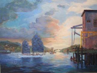 Charles Edmunds; The TANGRAM Leaves Charle..., 2006, Original Painting Oil, 40 x 30 inches. Artwork description: 241 The TANGRAM is a Chinese Lugsail and is outgoing thru the Charleston Bascule bridge, past the Public Icing Dock. In the collection of Herb Yussum, Bandon, Oregon...