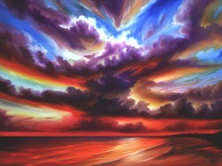 James Hill; Skyburst , 2010, Original Painting Oil, 36 x 48 inches. Artwork description: 241 Original Oil Painting, Sunrise, Sunset, Ocean, Sky, Shoreline, Shore, Sea, Water, River, Clouds, AcCloudscapes, morning, evening, red, yellow, orange, blue, green, light, power, God, Love, Energy ...