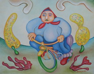 Jan Chlpka; Woman On Bike, 2014, Original Painting Oil, 50 x 40 cm. 