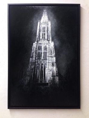 Christian Klute; Cathedral Of Ulm, 2016, Original Painting Oil, 60 x 90 cm. Artwork description: 241 Ulmer MA1/4nster | Oil on Canvas | 60x90cmFramed in black floater frame | cathedral ulm black and white monochrome buildings urban landscape dark mysterious gothic ornaments imressionistic lose painting scratches realism black dark atmosphere churches cathedrals religious ...
