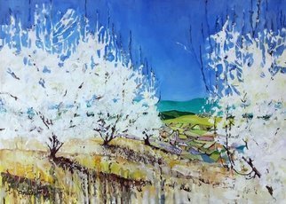 Chris Walker; Abloom, 2019, Original Painting Oil, 70 x 50 cm. Artwork description: 241 Abloom - Cerisiers et Gordes Oil on stretched canvas  70cm x50cm x 1. 7cm Viewing Gordes from a distant hilltop through the blooming cherry orchard. cherry almond luberon provence blossom...