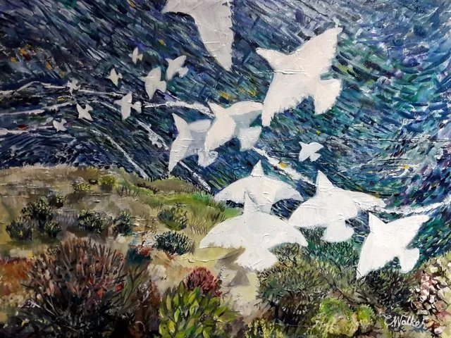 Chris Walker; Down On The Updraught, 2019, Original Painting Oil, 46 x 55 cm. Artwork description: 241 Voler sur le Courant Ascendant. Oil on Stretched Canvas  46cm x55cm . Doves glide down over the bluff. deep canvas, painted sides, ready to hang unframed. ...