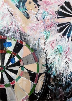 Chris Walker; Feathers, 2019, Original Painting Oil, 50 x 70 cm. Artwork description: 241 Dartboard, target, burlesque, dancer, fan dance.Oil on stretched canvas  50cm x70cm ....