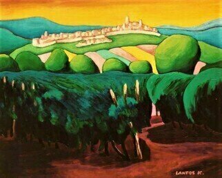 Krisztina Lantos, 'Orvieto And Vineyard', 2019, original Painting Acrylic, 30 x 24  x 0.5 inches. Artwork description: 1758 Orvieto in Italy in distance on the hill with vineyard in the foreground. Famous wine growing region. ...