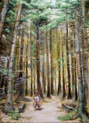 Colin Mark Mowat; Lost In The Woods, 2019, Original Painting Oil, 7 x 5 inches. Artwork description: 241 Lost in the woods was inspired by a walk with my family around a local pond in Brodie.My young daughter in contrast with the age and height of the trees in the wood, had a fairy tale like quality about it, that i had to capture....