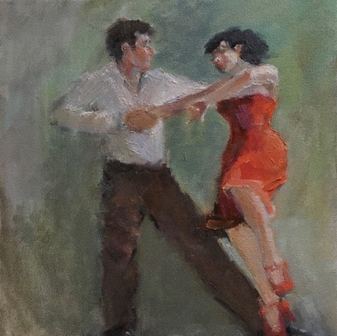 Connie Chadwell; Tango In Greens And Orange, 2018, Original Painting Oil, 10 x 10 inches. Artwork description: 241  Connie Chadwell, oil, tango dancers, figurative, greens, red, orange, couple dancing tango with the woman wearing a red dress with orange highlights, she has her knee up a little and the man is holding her hand...