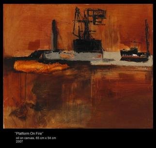 Agnieszka Ledochowska; Platform On Fire , 2007, Original Painting Oil, 65 x 54 cm. Artwork description: 241  my latest  fascination of oil platforms , cranes machines and dark landscapes . ...