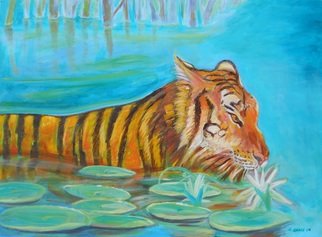 Arnold Grace Jr; Wading Tiger, 2009, Original Painting Acrylic, 40 x 30 inches. Artwork description: 241  river scene, country scene, expressionism, impressionism, impressionistic artist, fine artist, arnold victor grace jr, arnold grace fine art, beautiful painting, art collectors, collectors art, art sale, painting sale, art scenes, waterfall art, landscape painting, beautiful tiger, wild life art, tiger swimming,wild life painting, international art, international ...