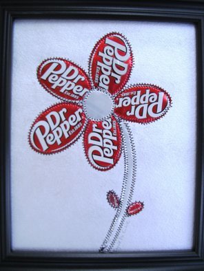 Ingrid Mcentire; Dr Pepper Flower Collage, 2012, Original Mixed Media, 10 x 8 inches. Artwork description: 241  Experience SPARKLING Artwork created from recycled Aluminum! !Listed by popular demand! !This Funky Letter Collage is an Original and made from Dr Ppper Soda pop Can Cans and sewn on to a silver non acid Paperboard into a pretty funky FLOWER. .This is an original, no prints ...