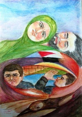 Khalil Dadah; Vertigo, 2003, Original Watercolor, 35 x 50 cm. Artwork description: 241  In ppeace negotiation, in the middle east, nothing comes out, and Palestinian people are left to move around without rest! !     ...