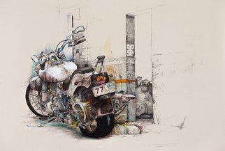 Daniel Brunkert; Neverending Journey, 2012, Original Mixed Media, 90 x 60 cm. Artwork description: 241  mixed media, ink, acrylic, light, figurative, drawing, motorbike, japan, tokyo, detail, pen, pencil,    ...