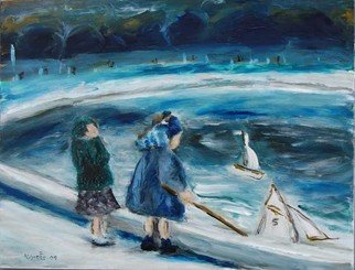 David Rocky Aguirre; 2 Girls 2 Boats, 2009, Original Painting Oil, 15.6 x 12 inches. Artwork description: 241  This image seems to be around the 50s in France.  In the slide, it looks like the girl on the left may just be adjusting her hat.  In the painting, it looks like she is holding her head because her boat is heading towards her friends boat....