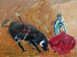 David Rocky Aguirre; Bull Fight, 2008, Original Painting Oil, 16 x 12 inches. Artwork description: 241  Oil on hardboard.  Bullfight...