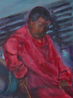 David Rocky Aguirre; Drummer Boy New Orleans, 2007, Original Painting Oil, 12 x 16 inches. Artwork description: 241  Drummer boy in New Orleans pre katrina, tapping on bench leaning on his dads drum. ...