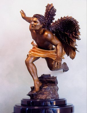 Dawn Feeney; Azreal, 2006, Original Sculpture Bronze, 25 x 30 inches. Artwork description: 241  highly detailed bronze sculpture with ferric ( yellow- brown) patina on body, sulfur( sienna- gold) patina on flowing cloth, and wings fade from patinas of liver ( dark brown) , to ferric( yellow- brown)  ...