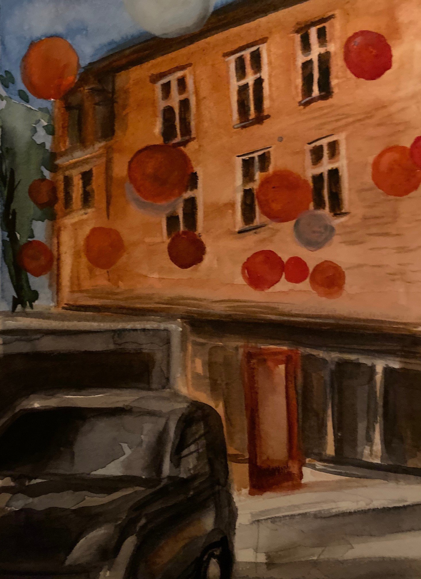 Deborah Paige Jackson; Building And Balloons, 2018, Original Watercolor, 6 x 8 inches. Artwork description: 241 I was struck by this street while visiting Canada with strings of balloons from apartment to apartment. ...