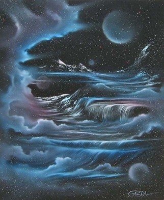 David Gazda; Planetary Falls, 2002, Original Painting Oil, 20 x 24 inches. Artwork description: 241  20 x 24 oil on canvas, capturing a soothing, visionary spacescape - black gloss, metal frame - ready to hang - artist david gazda . . . committed to bringing the infinite sky to you. . .  ...