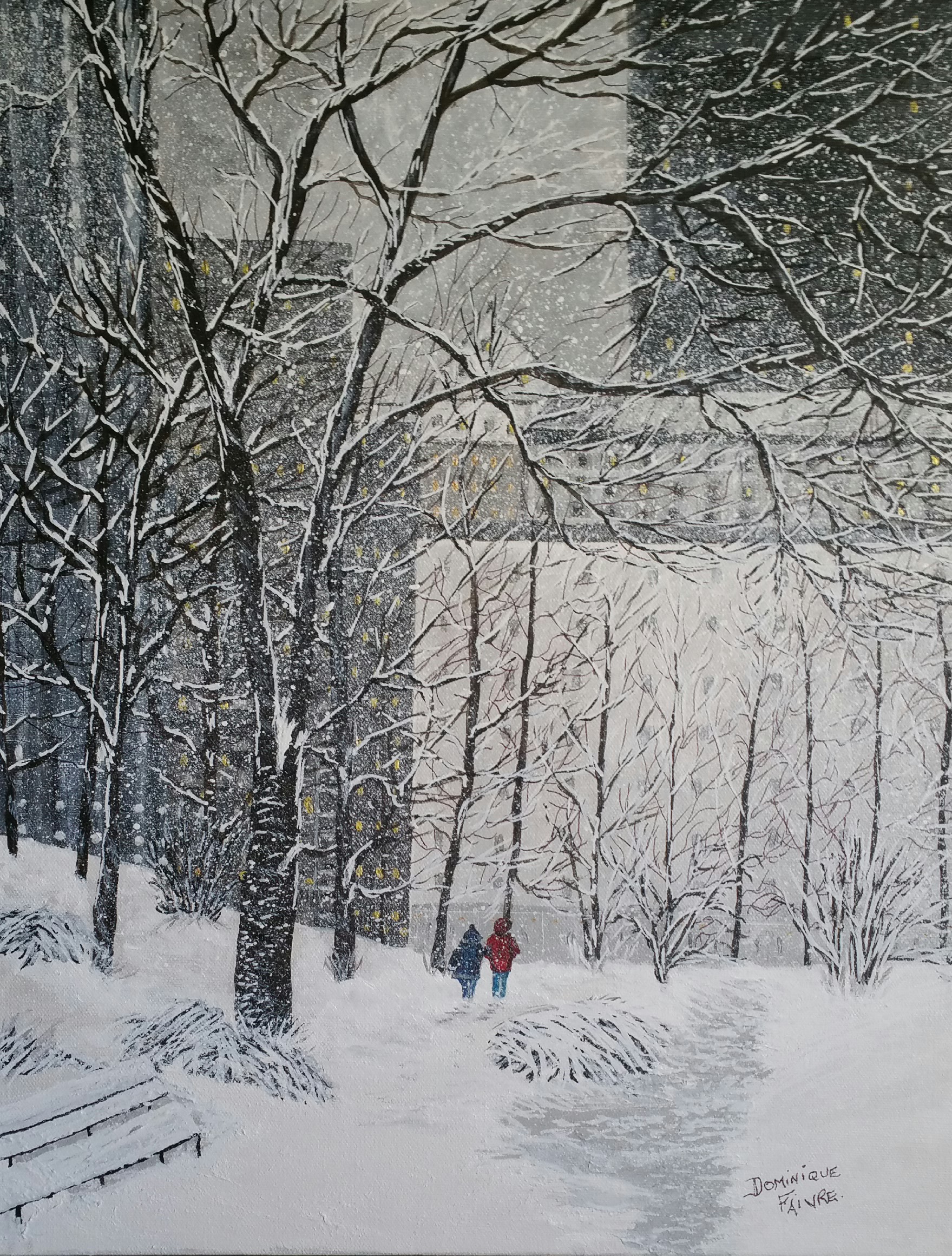 Dominique Faivre; Snowing Park In The City, 2022, Original Painting Acrylic, 20 x 16 inches. Artwork description: 241 A snowing winter...