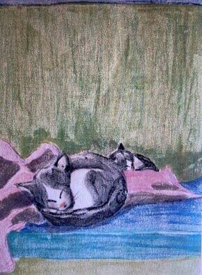 Donna Gallant, 'Sleeping Kittens', 1987, original Printmaking Monoprint, 12 x 16  inches. Artwork description: 1758 Working with the sleeping cats and kittens provides a homey atmosphere and these active little creatures cab crash as fast as they can wake. This a very colourful piece and lively just like the two black and white kittens are. ...