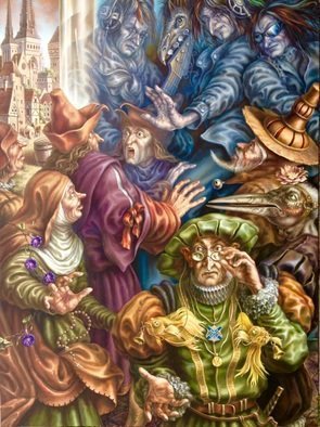 Alexander Donskoi; 15th Century Oops, 2016, Original Painting Oil, 107 x 142 cm. Artwork description: 241 I cannot really say that this is a dialog between two centuries, more of a conflict between two eras and its representatives.Despite the fact that people do not changewell, maybe just the entourage and technologyit is still a conflict.  It is the ordinary person and his ...