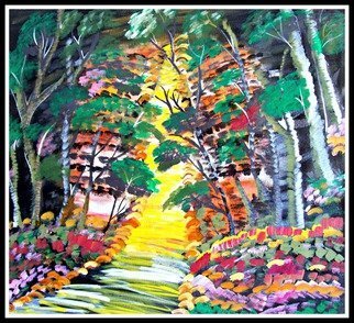 Sneha Joshi; DOWN INTO THE WOODS, 2013, Original Painting Acrylic, 30 x 27 inches. Artwork description: 241  Acrylic paints on rolled canvas. It depicts the colourful forest of MATHERAN in Maharashtra India. The tones of yellow lays the colourful path while the black green trees stand upright in middle of the grass with colorful strokes to represent flowers. On rolled canvas for easy, cheap ...