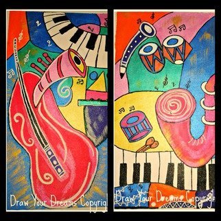Sneha Joshi; MUSIC SERIES, 2014, Original Painting Acrylic, 22 x 17 inches. Artwork description: 241 Acrylic paints on rolled canvas. Music is the theme  Its has all instruments from Guitar to Piano to Drum. The bright shades with the unique 3 D cone work makes this art piece stand out.This is done on rolled canvas for easy and trouble free transport ...