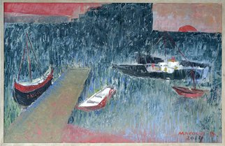 Dumitru Macovei; Sunset, 2014, Original Painting Oil, 114 x 73 cm. Artwork description: 241  Balchik, sea, boat, ships, sunset, sun, water, blue, port, red, landscape ...