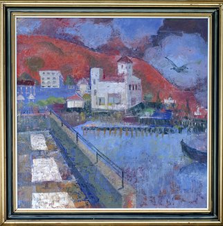 Dumitru Macovei; View From The Balcony, 2014, Original Painting Oil, 80 x 80 cm. Artwork description: 241  balchik, port, boat, bay, water, beach, purple, city, landscape, coast, sea, blue, violet ...